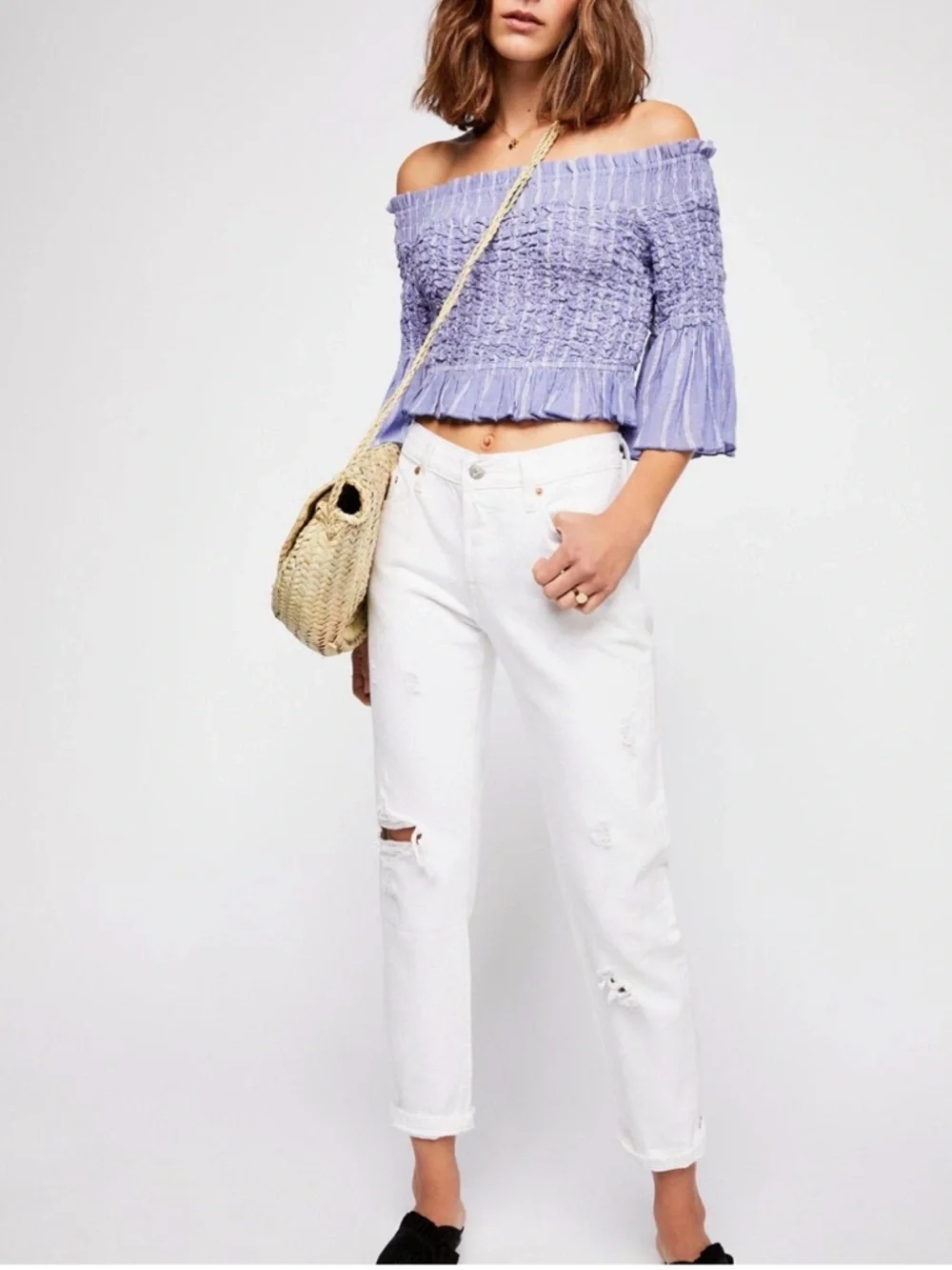 Free People Smocked Off-Shoulder Crop Top - Picture 3 of 10